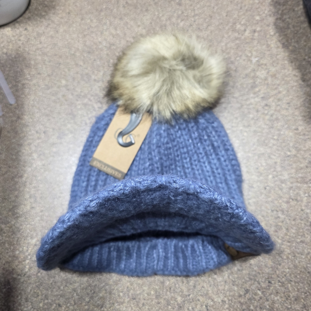 Blue Knit Beanie with Faux Fur Pom